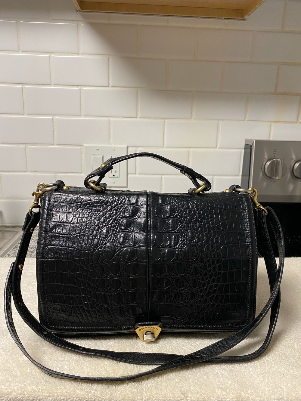 Brahmin Black Croc-Embossed Leather Shoulder Bag